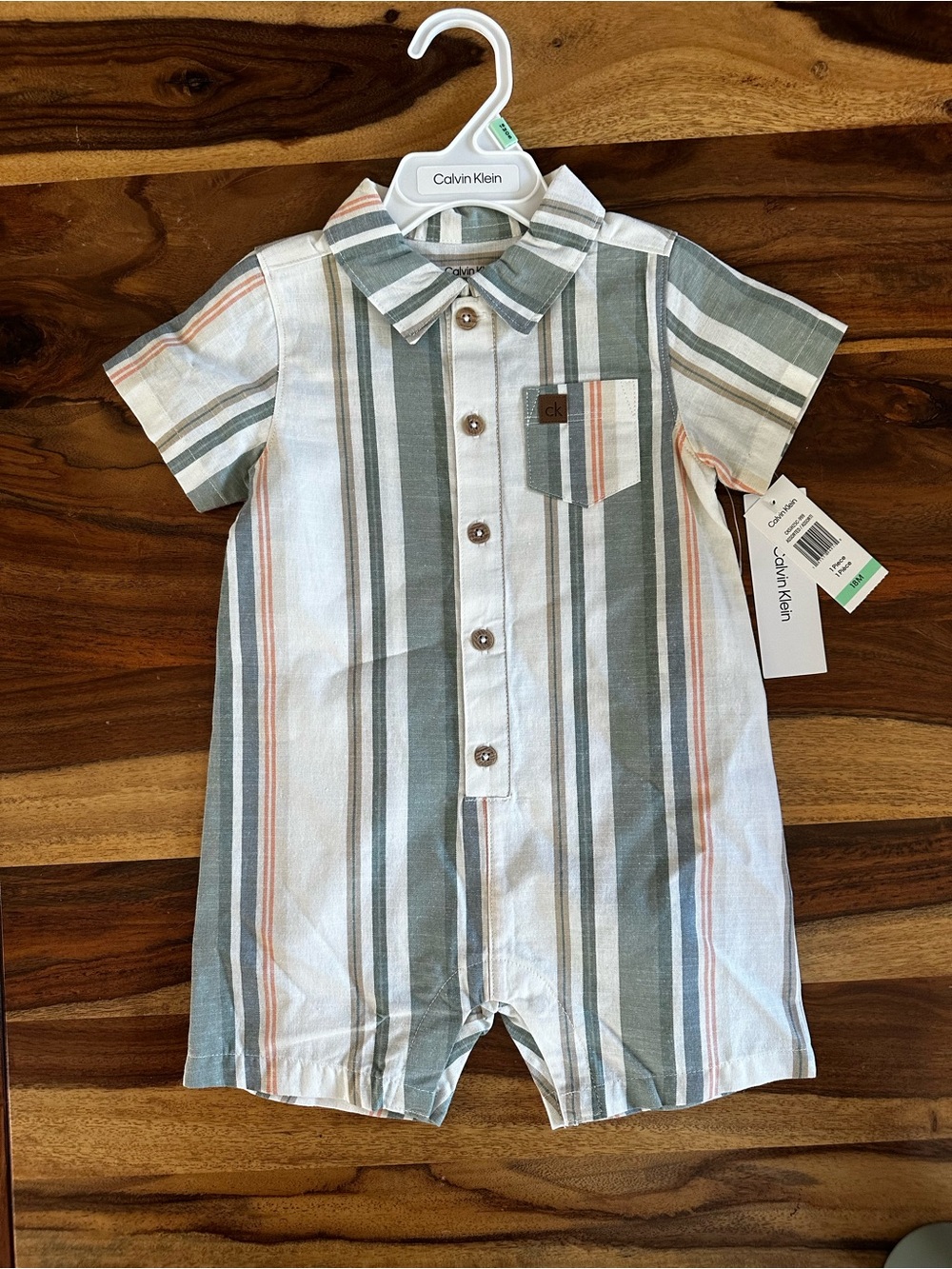 Calvin Klein Striped Shortall in Green, White & Tan